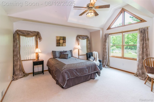 10399 Allen Rd, Clarkston, MI 48348 - bedroom featuring carpet floors, vaulted ceiling, baseboards, and ceiling fan