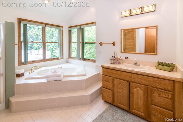10399 Allen Rd, Clarkston, MI 48348 - full bathroom with tile patterned floors, vanity, a garden tub, and lofted ceiling
