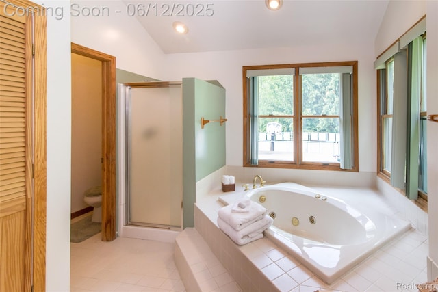 10399 Allen Rd, Clarkston, MI 48348 - bathroom featuring a stall shower, a jetted tub, toilet, lofted ceiling, and tile patterned floors