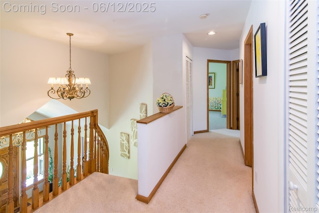 10399 Allen Rd, Clarkston, MI 48348 - hallway featuring an upstairs landing, light colored carpet, a chandelier, baseboards, and recessed lighting