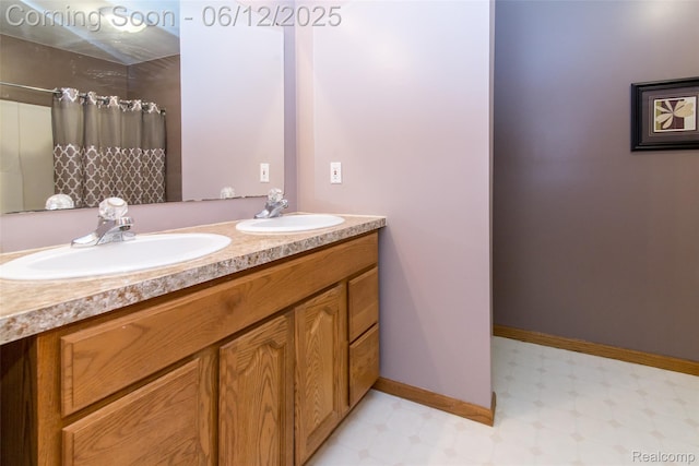 10399 Allen Rd, Clarkston, MI 48348 - bathroom with tile patterned floors, double vanity, baseboards, and a shower with shower curtain