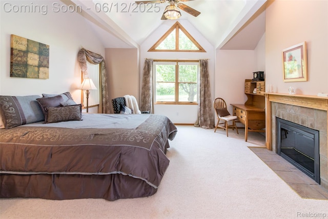 10399 Allen Rd, Clarkston, MI 48348 - bedroom featuring light colored carpet, vaulted ceiling, and a tiled fireplace