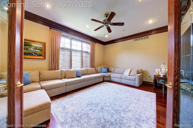 4546 Forest Edge Ln, West Bloomfield, MI 48323 - living area with ornamental molding, ceiling fan, dark wood-type flooring, and baseboards