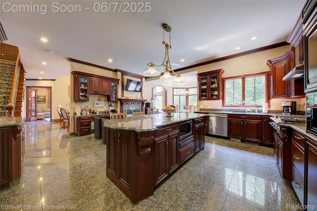 4546 Forest Edge Ln, West Bloomfield, MI 48323 - kitchen featuring stainless steel appliances, granite floors, ornamental molding, recessed lighting, and decorative backsplash