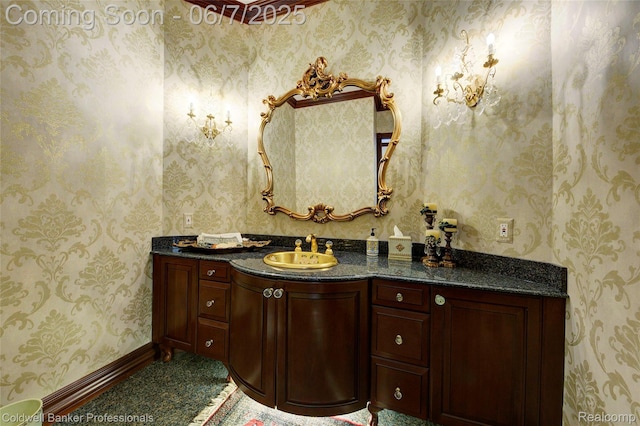 4546 Forest Edge Ln, West Bloomfield, MI 48323 - bathroom with vanity, wallpapered walls, and baseboards