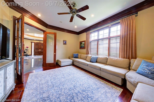 4546 Forest Edge Ln, West Bloomfield, MI 48323 - living room with crown molding, a ceiling fan, dark wood-type flooring, and recessed lighting