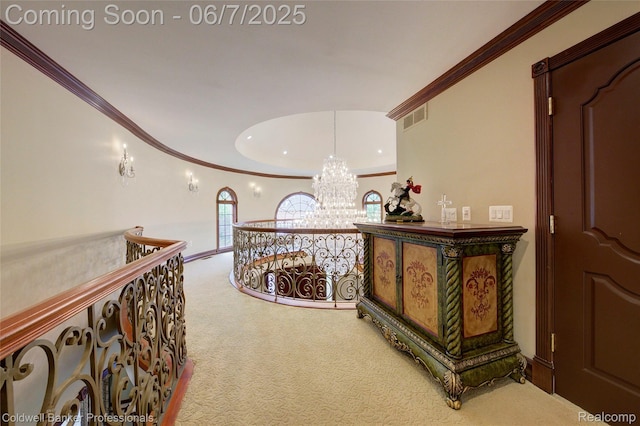 4546 Forest Edge Ln, West Bloomfield, MI 48323 - hall with carpet, crown molding, a chandelier, and an upstairs landing