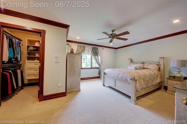 4546 Forest Edge Ln, West Bloomfield, MI 48323 - carpeted bedroom with a spacious closet, ornamental molding, baseboards, ceiling fan, and recessed lighting