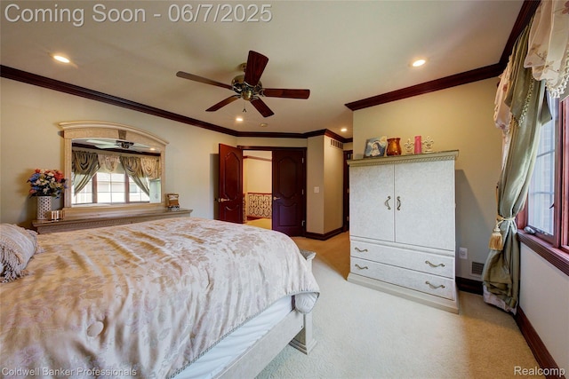 4546 Forest Edge Ln, West Bloomfield, MI 48323 - bedroom with crown molding, light colored carpet, baseboards, recessed lighting, and ceiling fan