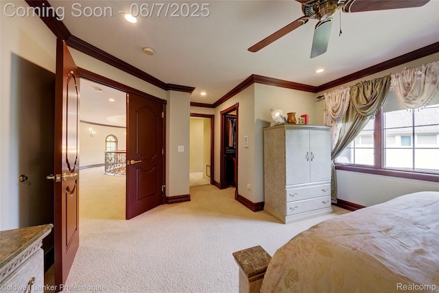 4546 Forest Edge Ln, West Bloomfield, MI 48323 - bedroom featuring light carpet, ornamental molding, baseboards, recessed lighting, and a ceiling fan