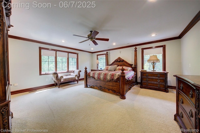 4546 Forest Edge Ln, West Bloomfield, MI 48323 - bedroom featuring light carpet, baseboards, recessed lighting, ornamental molding, and ceiling fan