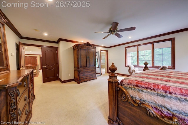 4546 Forest Edge Ln, West Bloomfield, MI 48323 - bedroom with baseboards, recessed lighting, light carpet, crown molding, and a ceiling fan