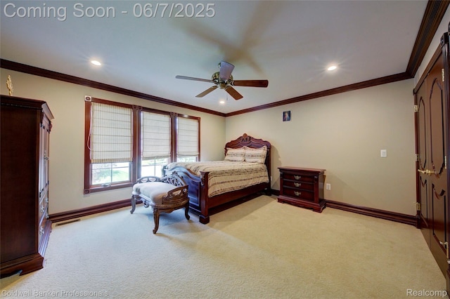 4546 Forest Edge Ln, West Bloomfield, MI 48323 - bedroom featuring baseboards, carpet floors, recessed lighting, a ceiling fan, and ornamental molding