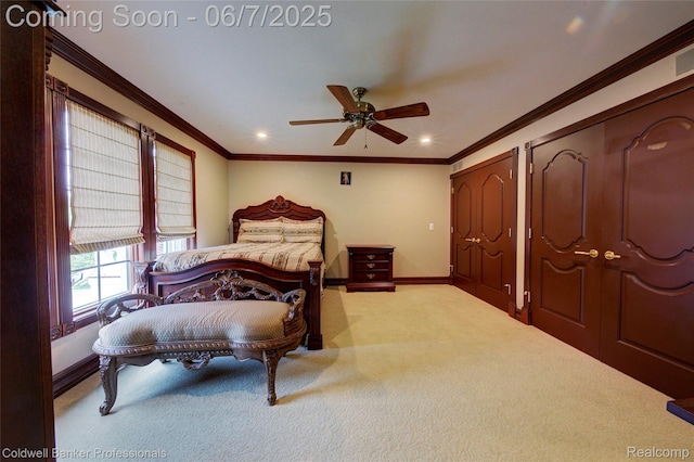 4546 Forest Edge Ln, West Bloomfield, MI 48323 - carpeted bedroom with baseboards, crown molding, recessed lighting, two closets, and ceiling fan