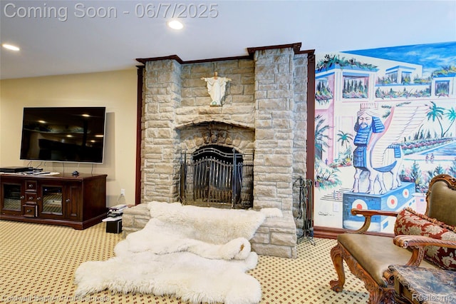4546 Forest Edge Ln, West Bloomfield, MI 48323 - carpeted living area featuring a stone fireplace and recessed lighting