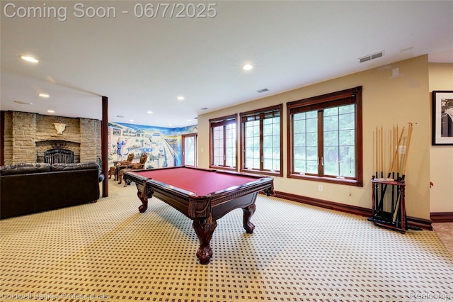 4546 Forest Edge Ln, West Bloomfield, MI 48323 - recreation room with light carpet, baseboards, pool table, and recessed lighting