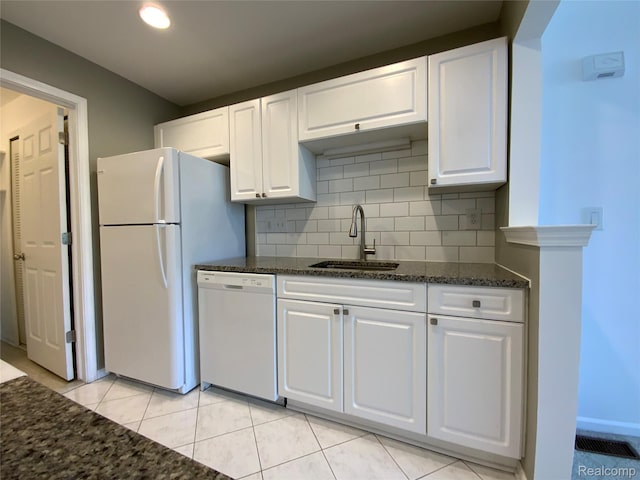 3577 Oakmonte Blvd, Rochester, MI 48306 - kitchen featuring white appliances, a sink, white cabinets, decorative backsplash, and recessed lighting
