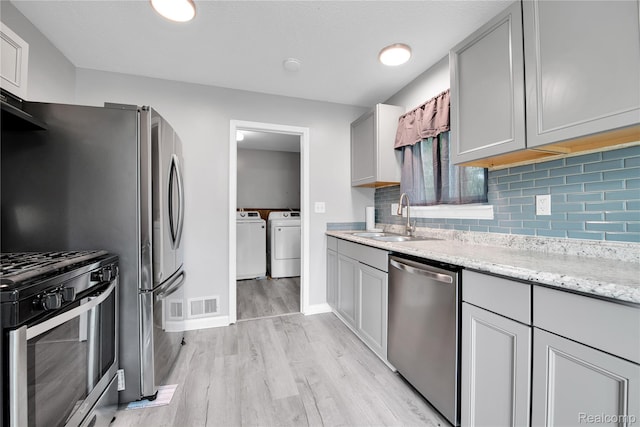 27048 Sally Ct, Taylor, MI 48180 - kitchen with appliances with stainless steel finishes, a sink, washer and clothes dryer, light wood-type flooring, and decorative backsplash