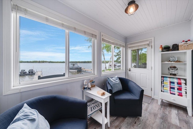4805 Pinellas Dr, Hale, MI 48739 - living area featuring wood finished floors, wood ceiling, and a water view