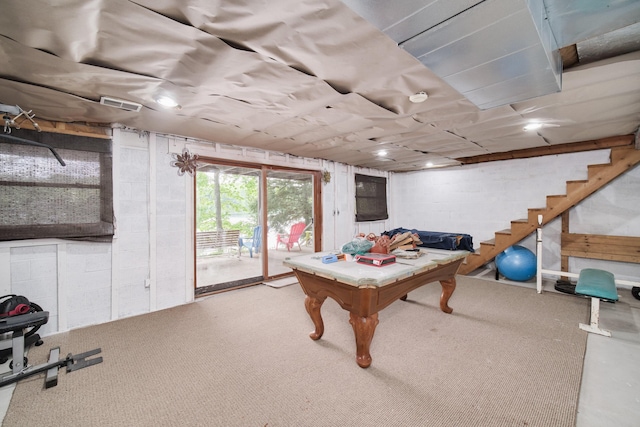 6387 N Larson Rd, Fountain, MI 49410 - game room with carpet floors, concrete block wall, and pool table
