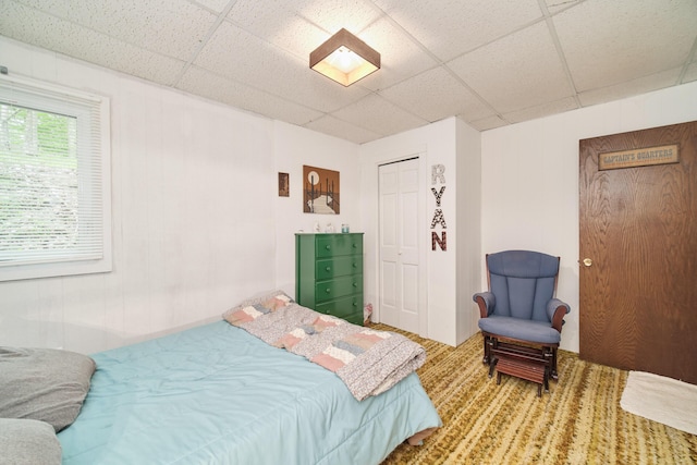 6387 N Larson Rd, Fountain, MI 49410 - bedroom with carpet flooring, a paneled ceiling, and a closet