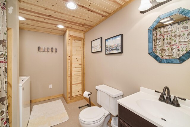 6387 N Larson Rd, Fountain, MI 49410 - bathroom with wooden ceiling, recessed lighting, vanity, toilet, and tile patterned flooring