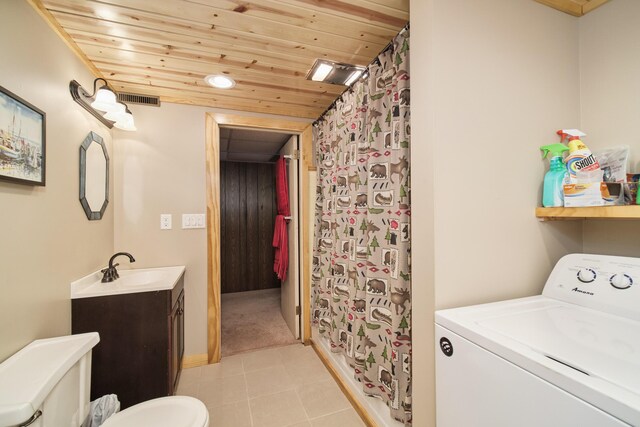 6387 N Larson Rd, Fountain, MI 49410 - full bathroom with washer / dryer, toilet, wood ceiling, vanity, and a shower with curtain