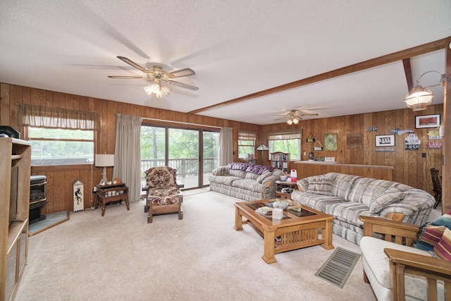 6387 N Larson Rd, Fountain, MI 49410 - carpeted living room featuring a wood stove, a ceiling fan, wooden walls, healthy amount of natural light, and a textured ceiling