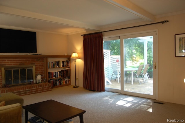 6560 Perham Dr, West Bloomfield, MI 48322 - living area featuring beam ceiling, carpet flooring, crown molding, and a brick fireplace