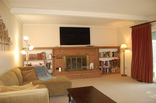 6560 Perham Dr, West Bloomfield, MI 48322 - carpeted living area featuring beamed ceiling, ornamental molding, and a fireplace