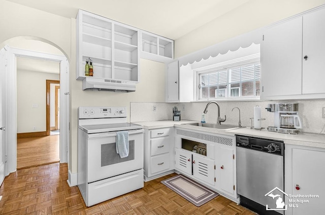 448 Borgess Ave, Monroe, MI 48162 - kitchen featuring white range with electric stovetop, dishwasher, under cabinet range hood, a sink, and light countertops