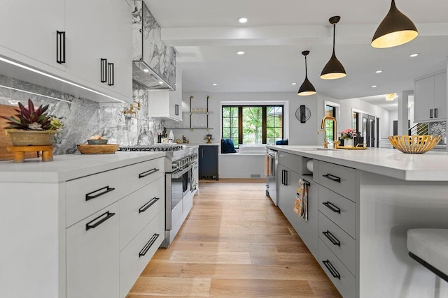 582 Campbell Rd, Saugatuck, MI 49453 - kitchen featuring stainless steel appliances, modern cabinets, a sink, light wood finished floors, and recessed lighting
