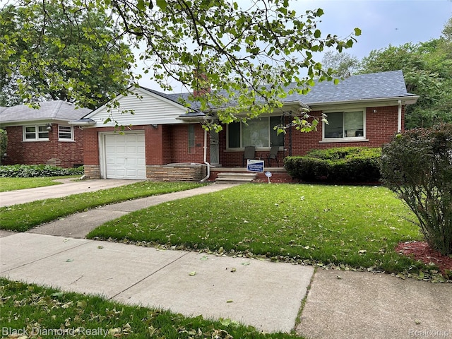18499 Gruebner St, Detroit, MI 48234 - ranch-style home with a porch, driveway, a front yard, brick siding, and an attached garage