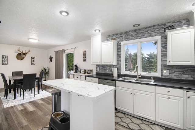 743 Fieldview Dr, Grand Ledge, MI 48837 - kitchen featuring a sink, a textured ceiling, wood finished floors, backsplash, and white cabinets