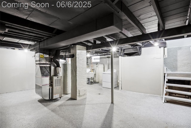 1512 Marion Ave, Lincoln Park, MI 48146 - unfinished basement with heating unit, water heater, and a sink
