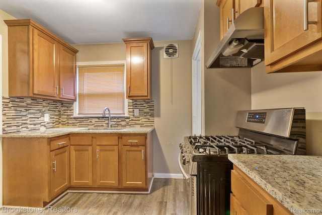 11727 Virgil, Redford, MI 48239 - kitchen featuring stainless steel gas range oven, a sink, light wood-style floors, decorative backsplash, and ventilation hood