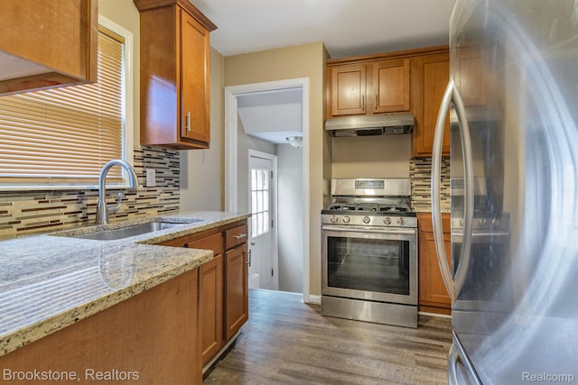 11727 Virgil, Redford, MI 48239 - kitchen with appliances with stainless steel finishes, under cabinet range hood, a sink, tasteful backsplash, and wood finished floors