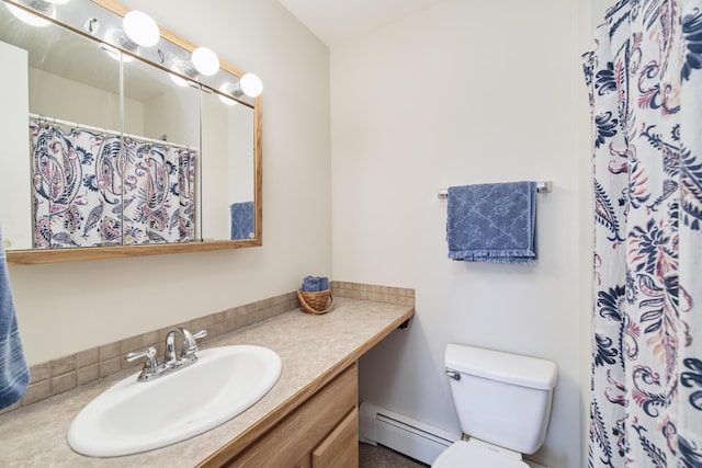 819 Elm St, Manistee, MI 49660 - full bathroom with baseboard heating, vanity, toilet, and a shower with shower curtain