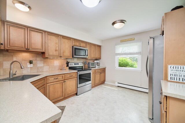 819 Elm St, Manistee, MI 49660 - kitchen with stainless steel appliances, a baseboard radiator, a sink, light countertops, and decorative backsplash