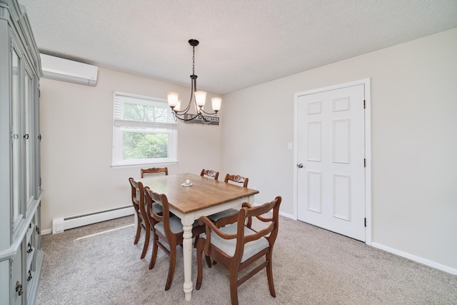 819 Elm St, Manistee, MI 49660 - dining space with a wall mounted air conditioner, a baseboard radiator, a chandelier, light colored carpet, and a textured ceiling