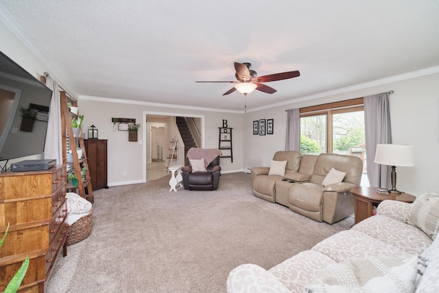 819 Elm St, Manistee, MI 49660 - carpeted living room with stairway, ceiling fan, ornamental molding, and baseboards