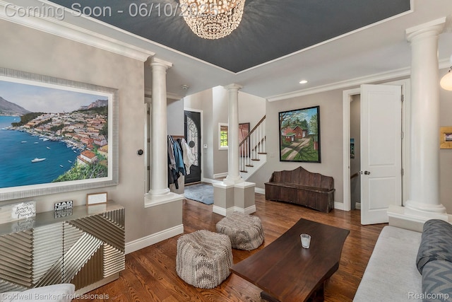 742 Emmons Ave, Birmingham, MI 48009 - living area featuring ornate columns, wood finished floors, crown molding, baseboards, and recessed lighting