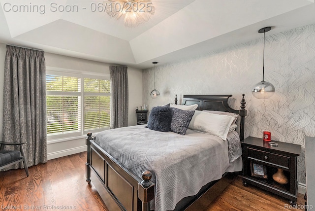 742 Emmons Ave, Birmingham, MI 48009 - bedroom with wood finished floors, baseboards, wallpapered walls, and a tray ceiling