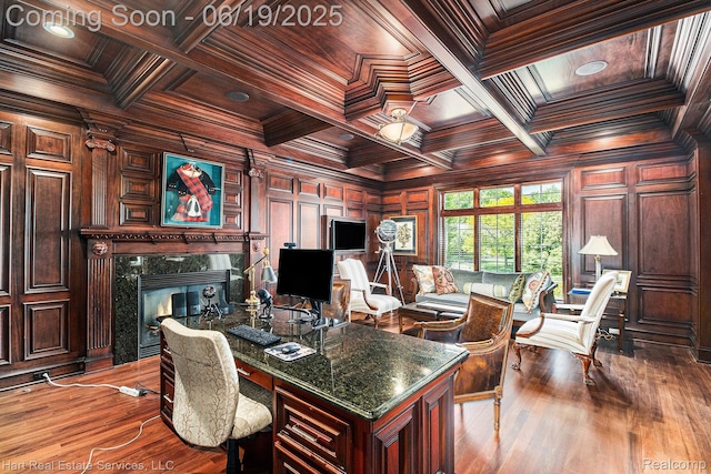 11384 Scarborough Dr, Shelby Twp, MI 48315 - home office featuring a wood ceiling with exposed beams, crown molding, a premium fireplace, hardwood / wood-style flooring, and coffered ceiling