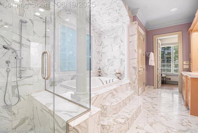 11384 Scarborough Dr, Shelby Twp, MI 48315 - bathroom featuring marble tiled floors, a marble finish shower, a bath, vanity, and crown molding