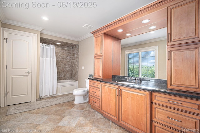 11384 Scarborough Dr, Shelby Twp, MI 48315 - full bath featuring vanity, shower / bath combo, ornamental molding, and recessed lighting