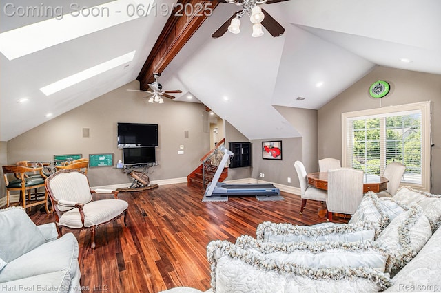 11384 Scarborough Dr, Shelby Twp, MI 48315 - living area with ceiling fan, a skylight, wood finished floors, stairs, and recessed lighting
