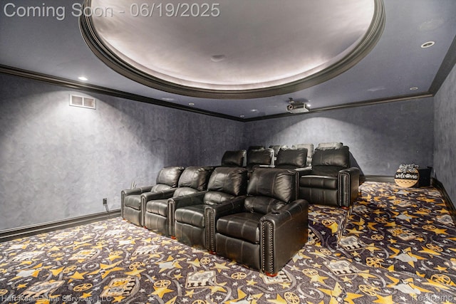 11384 Scarborough Dr, Shelby Twp, MI 48315 - carpeted home theater room with crown molding, a textured wall, a tray ceiling, and recessed lighting