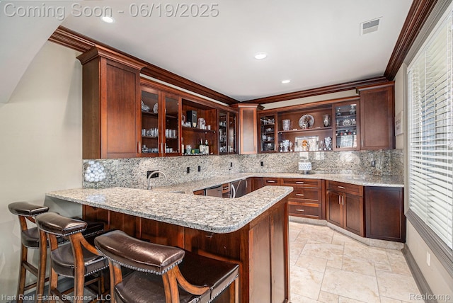 11384 Scarborough Dr, Shelby Twp, MI 48315 - bar featuring backsplash, stone tile floors, crown molding, and recessed lighting