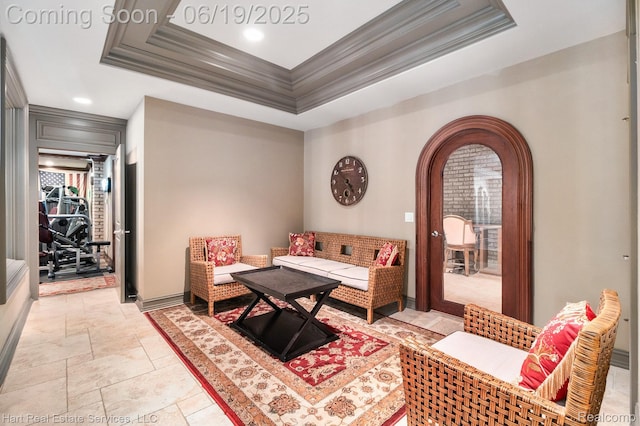 11384 Scarborough Dr, Shelby Twp, MI 48315 - living area featuring ornamental molding, a tray ceiling, arched walkways, and stone tile flooring